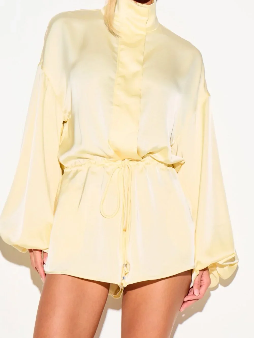 Yellow Casual Women's Mini Funnel Neck Playsuit with Balloon Sleeves